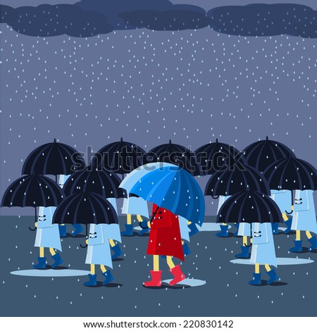 People with umbrella in a autumn raining day background concept. illustration design