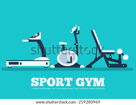 Fitness sport gym exercise equipment workout flat  set concept.  Vector illustration for colorful template for you design, web and mobile applications.