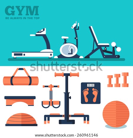 Flat fitness sport gym exercise equipment workout flat set concept and banner.  Vector illustration for colorful template for your design, web and mobile applications.