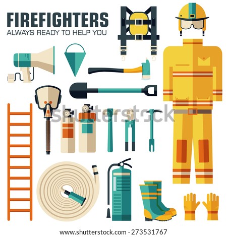 Flat firefighter uniform and first help equipment set and instruments. On flat style background concept. Vector illustration for colorful template for you design, web and mobile applications