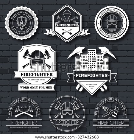 firefighter label template of emblem element for your product or design, web and mobile applications with text. Vector illustration with thin lines isolated icons on stamp symbol