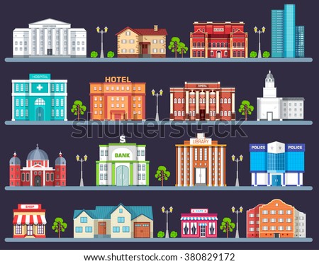 Flat colorful vector city buildings set. Icon background concept design. Architecture construction: courthouse, home, museum, skyscraper, hospital, hotel, opera, theater. Vector urban landscape
