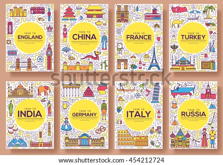 Set of thin line travel world country concept. Art traditional, magazine, book, poster, abstract, banners, element. Vector outline package greeting card or invitation design background