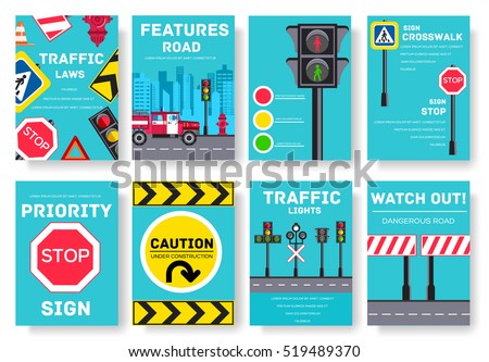 Traffic light day vector brochure cards set. Urban sign template of flyear, magazines, poster, book cover, banners. Road transportation invitation concept  background. Layout illustrations modern page