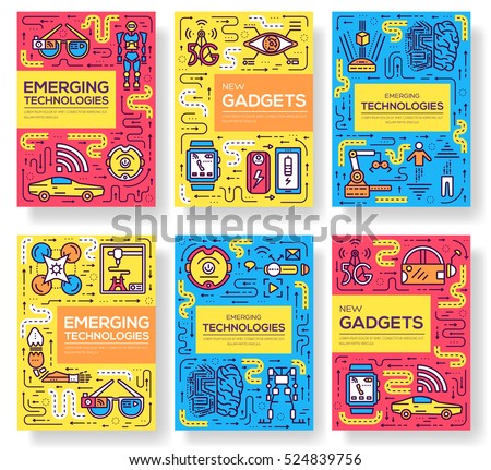 Technology vector brochure cards thin line set. Automation  template of flyear, magazines, posters, book cover, banners. Layout artificial intelligence tech outline illustrations modern pages