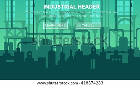 Abstract industrial manufacturing plant scene with ambient light, pipes and machinery. Web template for website header or decoration.