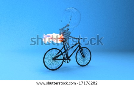Light bulb riding bicycle with fire on his back