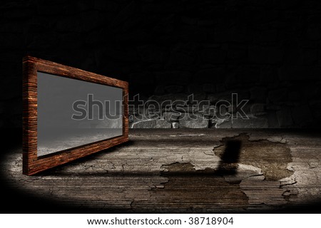 massive old stylistic frame on the wooden stage-text easy to remove