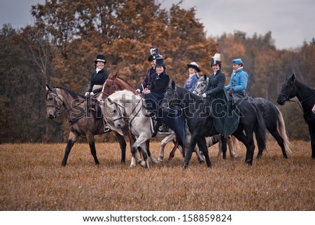 MOZHAISK, MOSCOW- OCTOBER 5,  2013 : Historical reconstruction of famous Russian hounds hunting by horse club \