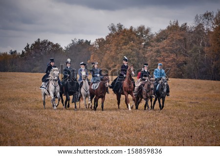 MOZHAISK, MOSCOW- OCTOBER 5,  2013 : Historical reconstruction of famous Russian hounds hunting by horse club \
