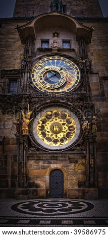 The Prague Astronomical Clock or Prague Orloj. The Orloj is mounted on the southern wall of Old Town City Hall in the Old Town Square and is a popular tourist attraction. Czech Republic.