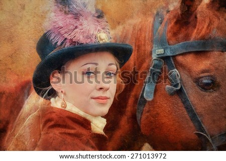 Lady in riding habbit XIX Century at horse hunting.  Imitation of old oil painting