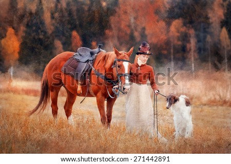 Lady in riding habbit XIX Century with russian borzoy dogs at horse hunting.  Imitation of old oil painting