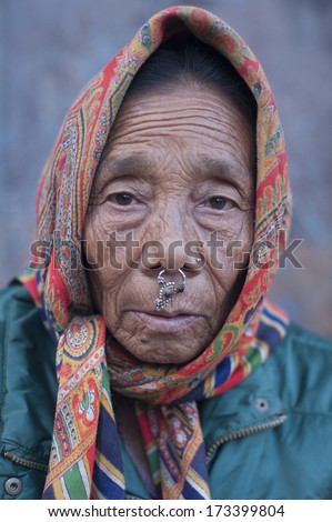 BHAKTAPUR, NEPAL - NOV 7 : Unidentified Nepali old woman portrait in Bhaktapur, Nepal on November 7, 2012.