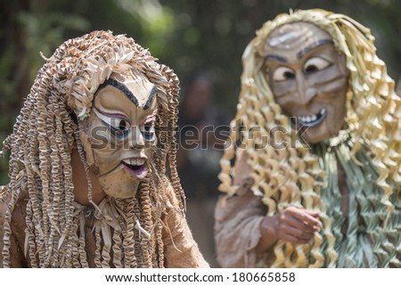 CAREY ISLAND, SELANGOR,MALAYSIA - MARCH 1, 2014 : Unidentified people of Mah Meri tribe dance during the Ari Moyang (Ancestors Day) celebration in Pulau Carey Island, Klang, Malaysia.