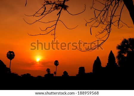 Angkor Wat silhouette Sunrise. Religion, Tradition, Culture. Cambodia, Asia.