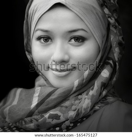 Portrait muslimah lady wear hijab in black and white tone