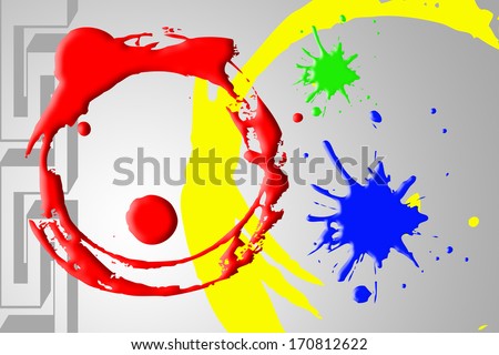 Abstract background including red and yellow circle green and blue dropped ink on gray background