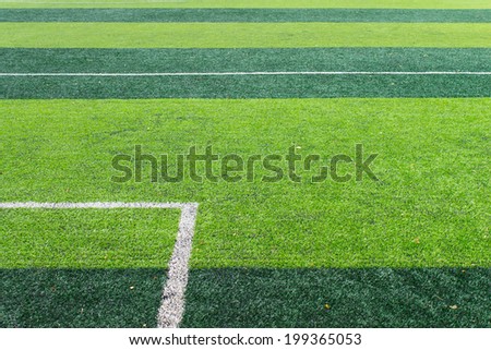 white goal line of soccer field. Line on green artificial grass background.