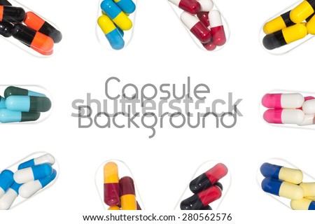 Drug or pill or capsule in test tube around center background. Background for hospital or clinic or health or medical design