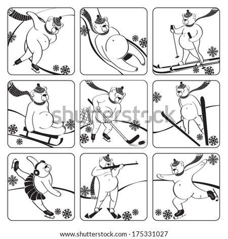 Nine white bear plays a winter sport : sprint,Luge,skis,sledges,ice hockey,ski jumping,figure skating,biathlon. Bicolor Screensavers,icons. Vector humorous illustration.