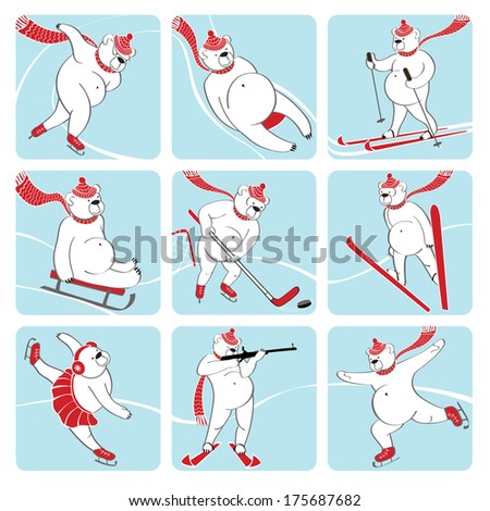 Nine white bear plays a winter sport : sprint,Luge,skis,sledges,ice hockey,ski jumping,figure skating,biathlon. Screensavers,icons. Humorous illustration.
