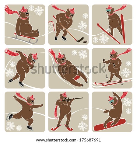 Nine brown bear plays a winter sport : sprint,Luge,skis,sledges,ice hockey,ski jumping,figure skating,biathlon,skateboard. Screensavers,icons.Winter sports.Vector humorous illustration.