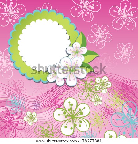 Spring background or summer background.Cherry Flowers or Apple  Flowers,Spring Design template.Label with flowers.Use as template, screensaver, cover, background, wedding design.Pink color.Vector