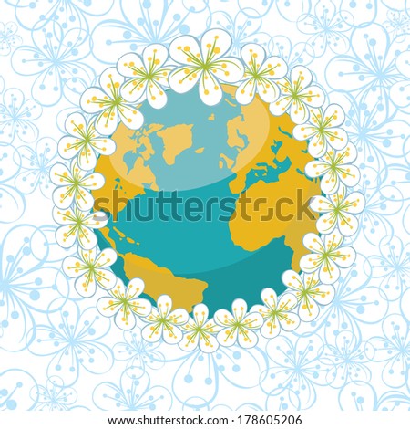 Planet earth with wreath of spring flowers.Spring background of flowers of cherry or Apple on flowers ornament background. Vector Illustration