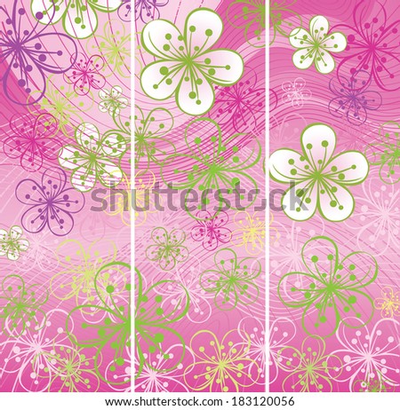 Three Spring banners.Spring background or summer background.Cherry Flowers or Apple Flowers  in soft colors.Abstract background of lines and gradient. Pink-green color