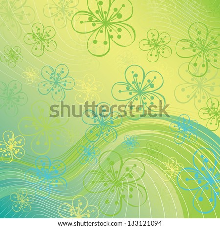 Spring or summer background.Cherry Flowers or Apple Flowers  in cool colors.Abstract background of lines and gradient. Blue-green color