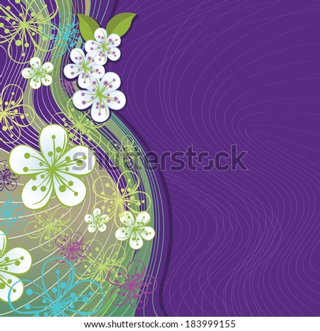 Spring or summer background. Cherry Flowers in abstract background of lines and gradient.Cool colors. Label with flowers.