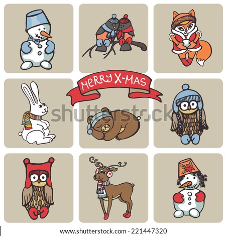 Funny Christmas  cartoon animals,birds,snowman icons set.Vector illustrations .Funny winter forest  design .New year Vector