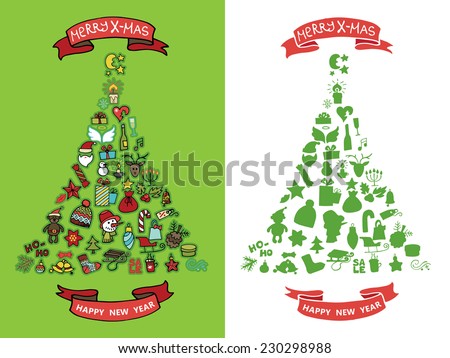 New year, Christmas colored greeting card.Many different decorative elements for winter holidays  in spurce tree  shape. Trendy flat style.Doodle sketch in  style of  child\'s hand drawing. Vector