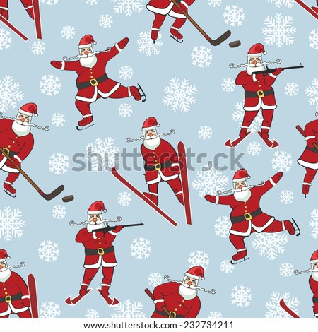 Christmas,New year Seamless pattern,background. Santa Claus playing winter sports,Figure skating,ski jump,hockey,biathlon.Flat design,simple image.Winter sport.Vector humorous Illustration.