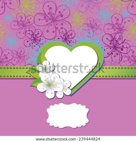 Cherry Flowers ,Spring or summer Design template. Label in heart shape with flowers.For template,cover,background,wedding invitation.Vector illustration