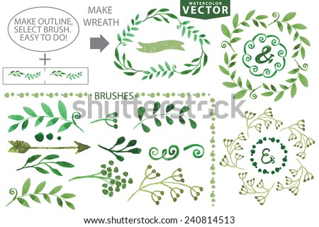 Set of watercolor wreaths and laurels. Hand painted branches,leaves,petal decor elements.For design template,invitation.Watercolor Handskethced brushes. Nature,organic items.Vector.Easy to edit