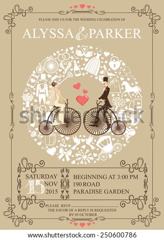 Wedding invitation card with wedding garment,icons ,swirling frame.Wreath composition.Set of  wedding flat items,white silhouette.Vintage vector.Holiday infographics,background, card,.