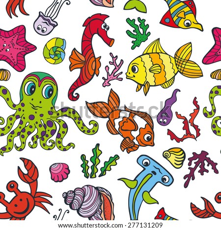 Sea life fish,animals seamless pattern,background. Funny cartoon doodle underwater world. Baby hand drawing Vector. Summer travel, tropical backdrop,wallpaper, fabric ornament.