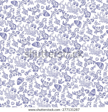 Sea life fish,animals  pattern background.Funny cartoon doodle underwater world. Baby hand drawing linear Vector.Summer travel, tropical backdrop,wallpaper, fabric ornament,template.
