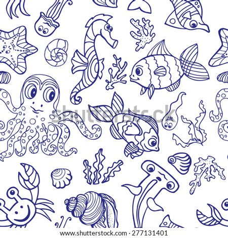 Sea life fish,animals seamless pattern,background.Funny cartoon doodle underwater world. Baby hand drawing linear Vector.Summer travel, tropical backdrop,wallpaper, fabric ornament.