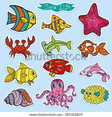 Sea life animals stickers set: fish,  octopus,crab,starfish.Funny cartoon doodle underwater world. Baby hand drawing Vector,isolated .Summer travel,tropical composition,stickers.