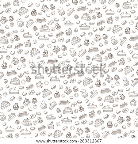 Bakery,Cakes,dessert,pastries linear pattern.Doodle vector.Vintage food icons,sweet elements background for menu,cafe shop.Flat hand drawn vintage set.Bakery,Cakes,dessert,pastries.Backdrop,wallpaper