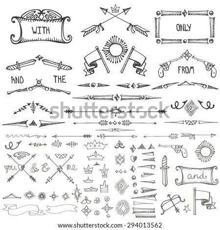 Doodles border,swirling dividers,arrow,weapons,crown,frame,decor elements set.Male strong design templates,logo,menu.Hand drawing style. For weddings,Valentines day,holidays,father day,birthday.Vector