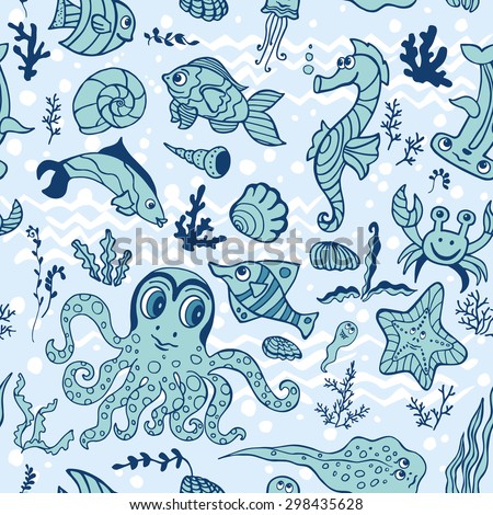 Doodle Sea life fish,animals seamless pattern,background.Funny cartoon doodle underwater world,ocean world. Baby hand drawing Vector. Summer travel, tropical backdrop,wallpaper, fabric ornament.