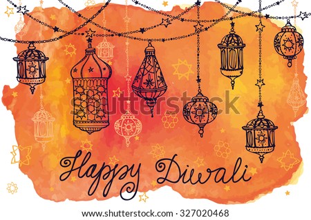 Happy Diwali festival.India Traditional hanging lamp.Doodle,Watercolor card.Greeting card.Hand drawing decor.Indian religion holiday Holy diya Shubh Deepawali.Horizontal Illustration