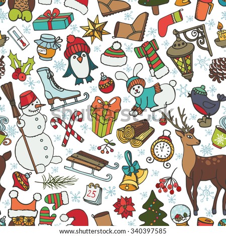 Christmas season doodle seamless pattern.Winter decoration,snowflakes, Knitted wear,animals,birds,snowman,garlands,other holiday symbols.New year hand drawn vector background,wrap.Wood story
