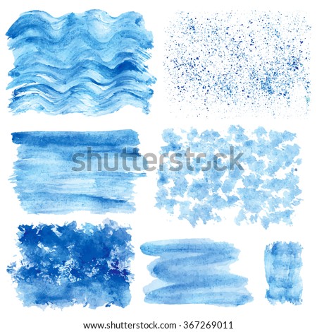 Watercolor hand painting textures.Blue vector Stains,spot drops,splashes set. Cyan,color.Summer design template.Vintage blur vector,summer background.Holiday,vacation artistic texture,sea ,water,sky