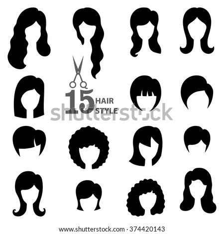Hairstyle silhouette.Woman,girl,female hair.Beauty Vector,flat black icons.Beautiful  style,avatars,fashion look set.Various hair,haircut,styling.Trendy flat style.Fashion vector,image,look,salon logo