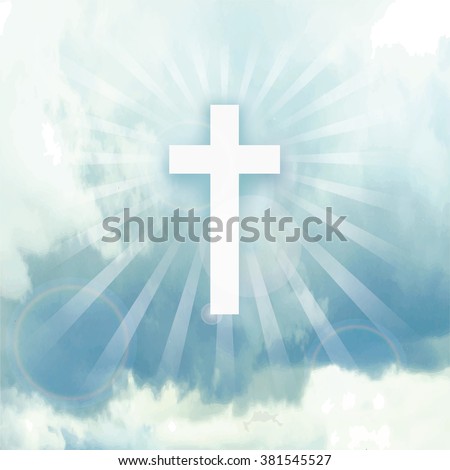 Easter.He is risen.Easter square background.Blue sky.Vector illustration,wallpaper. Blue sky with clouds, divine sunlight ,crucifixion,cross. Religious design template, a symbol of faith